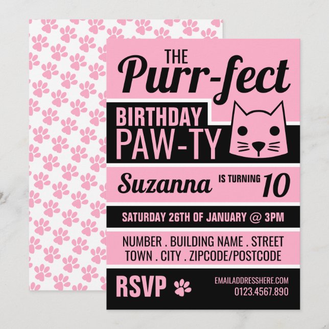 Pink Kitten Birthday Party Invitation (Front/Back)