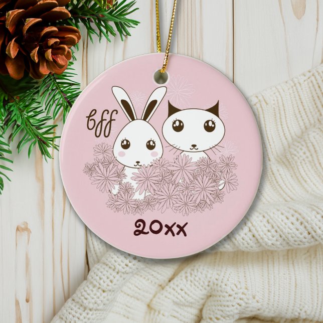 Pink Kitten Bunny Animal Friends Kids Christmas Ceramic Tree Decoration (Creator Uploaded)