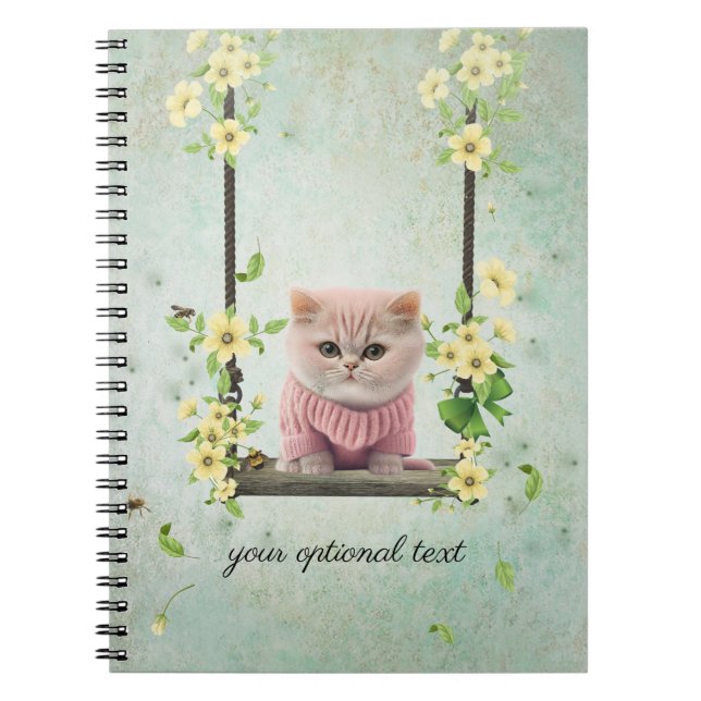 Pink Kitten Swinging Flower Vine Notebook (Front)