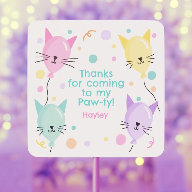 Pink Kitty Cat Balloons Kitten Party Girl Birthday Square Sticker (Pink Kitty Cat Balloons Kitten Party Girl Birthday Square Sticker)