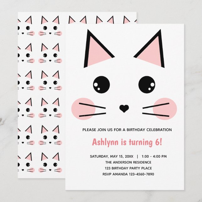 Pink Kitty Cat Birthday Invitation (Front/Back)