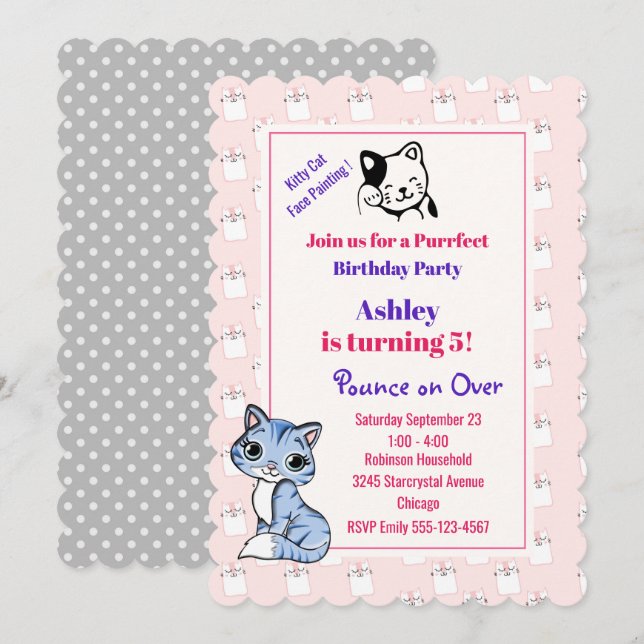 Pink Kitty Cat Theme Birthday Party Invitation (Front/Back)
