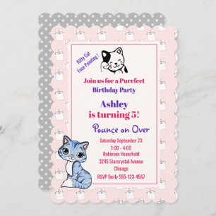 Pink Kitty Cat Theme Birthday Party Invitation