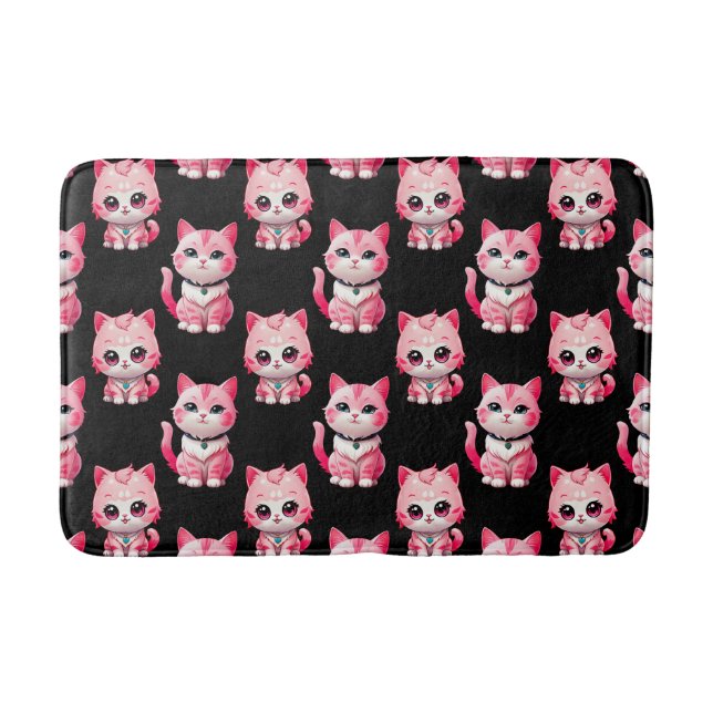  Pink Kitty Cats Design Black  Bath Mat (Front)
