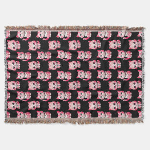Pink Kitty Cats Design Black Throw Blanket