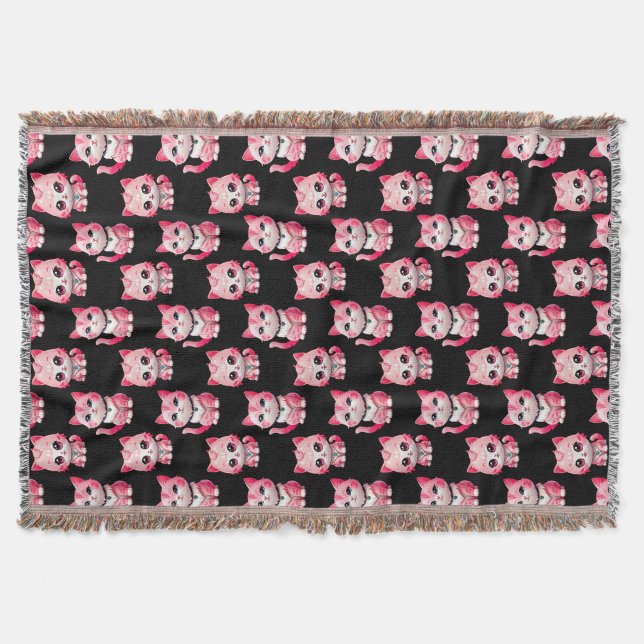  Pink Kitty Cats Design Black  Throw Blanket (Front)
