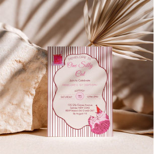 Pink Kitty Party One Silly Cat 1st Birthday Invitation