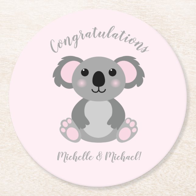Pink Koala Bear Baby Shower Round Paper Coaster (Front)
