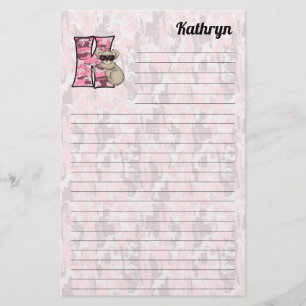 Pink Koala Mongram Letter K Lined Stationery