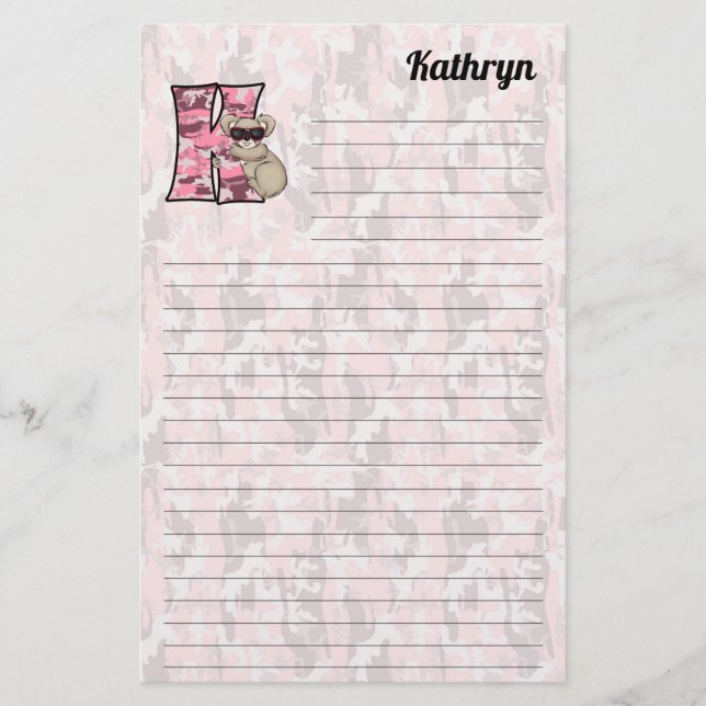 Pink Koala Mongram Letter K Lined Stationery (Front)