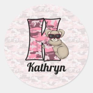 Pink Koala Monogram Letter K with Name Classic Round Sticker