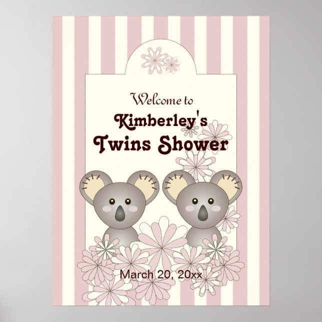 Pink Koala Twin Baby Shower / Kids Girl Birthday Poster (Front)