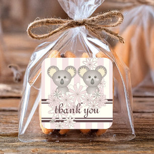 Pink Koala Twin Girl Baby Shower / Kids Birthday Square Sticker