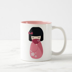 PINK Kokeshi Doll - Cute Japanese Geisha Girl Two-Tone Coffee Mug