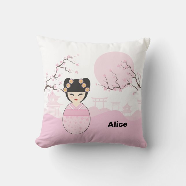 Pink Kokeshi Doll Typical Japanese Landscape Cushion (Front)