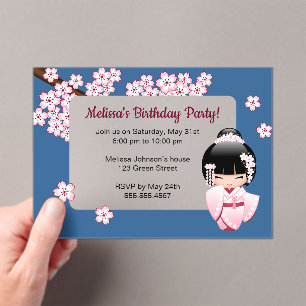 Pink Kokeshi Girl Transparent Window Birthday Blue Acrylic Invitations