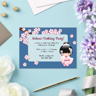 Pink Kokeshi Girl Transparent Window Blue Birthday Acrylic Invitations