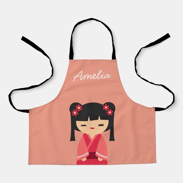 Pink Kokeshi Japanese dolls Apron (Front)