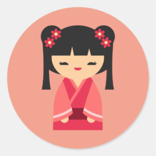 Pink Kokeshi Japanese dolls Classic Round Sticker