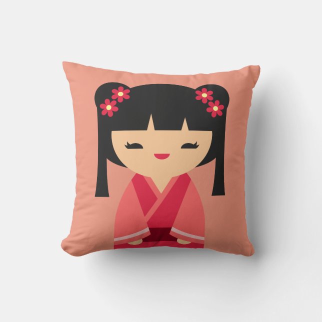 Pink Kokeshi Japanese dolls Cushion (Front)
