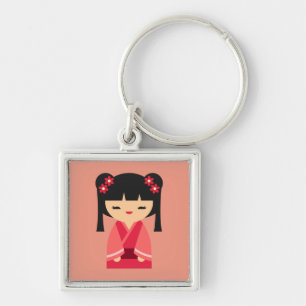 Pink Kokeshi Japanese dolls Key Ring