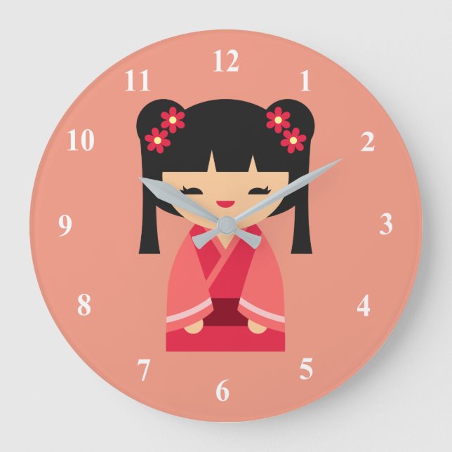Pink Kokeshi Japanese dolls Large Clock (Front)