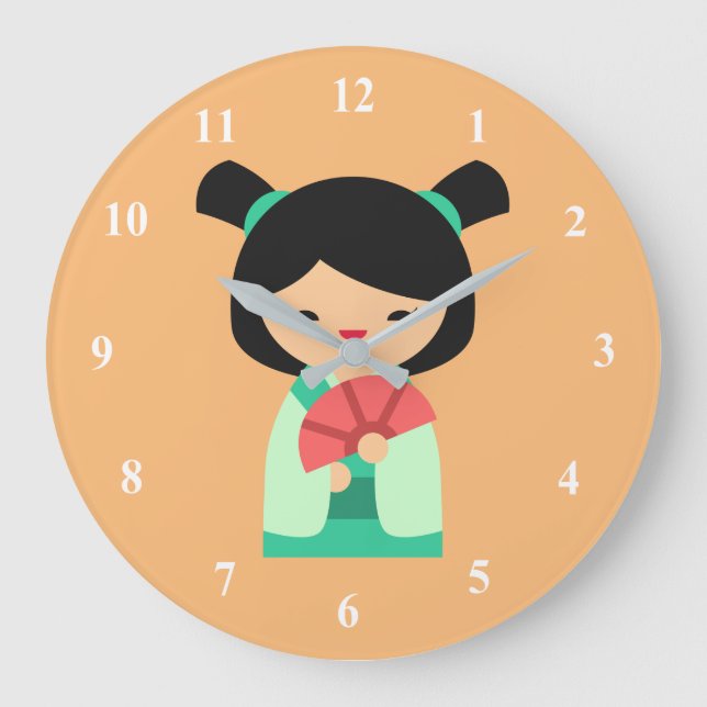 Pink Kokeshi Japanese dolls Large Clock (Front)