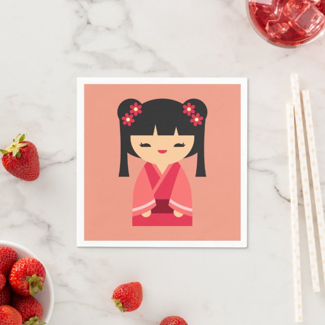 Pink Kokeshi Japanese dolls Napkin (Insitu)