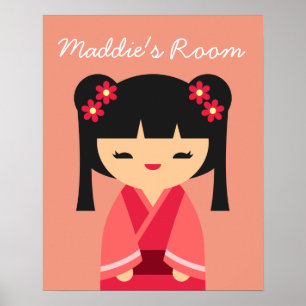 Pink Kokeshi Japanese dolls Poster