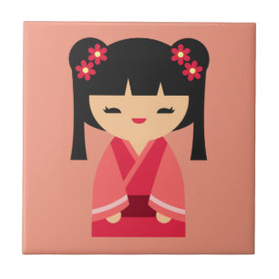 Pink Kokeshi Japanese dolls Tile