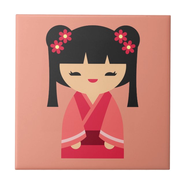 Pink Kokeshi Japanese dolls Tile (Front)