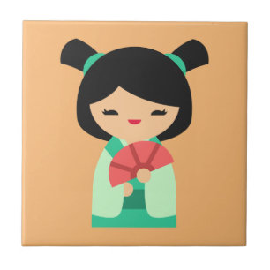 Pink Kokeshi Japanese dolls Tile