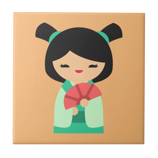 Pink Kokeshi Japanese dolls Tile (Front)