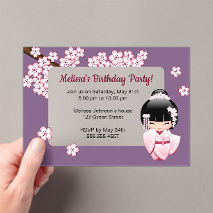 Pink Kokeshi Transparent Window Birthday Purple Acrylic Invitations