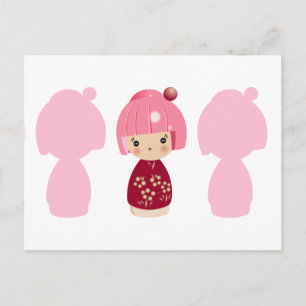 Pink Kokeshi Triplet x3 Postcard