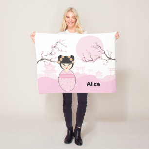 Pink Kokeshi Typical Doll Japanese Landscape Fleece Blanket