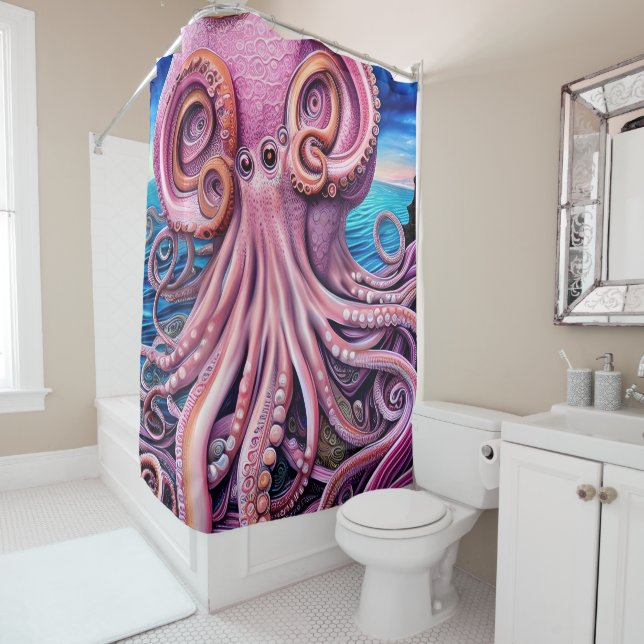Pink Kraken Octopus Tentacles Shower Curtain (In Situ)
