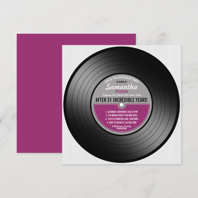 Pink Label Vinyl Record Retirement Party Invitation (Front/Back)