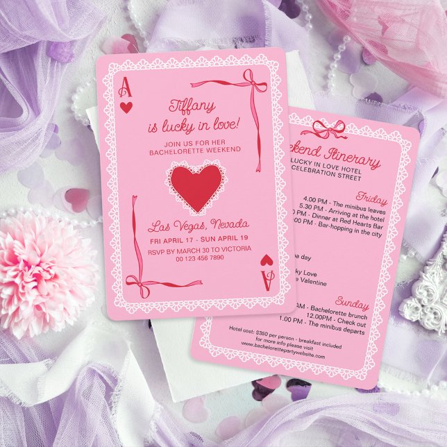 Pink Lace Ace of Hearts Lucky in Love Bachelorette Invitation (Creator Uploaded)