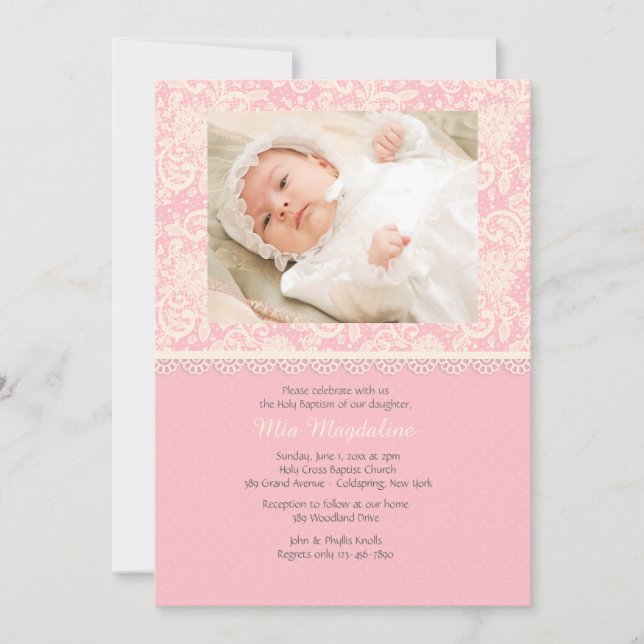 Pink Lace and Polka Dots Photo Invitation (Front)