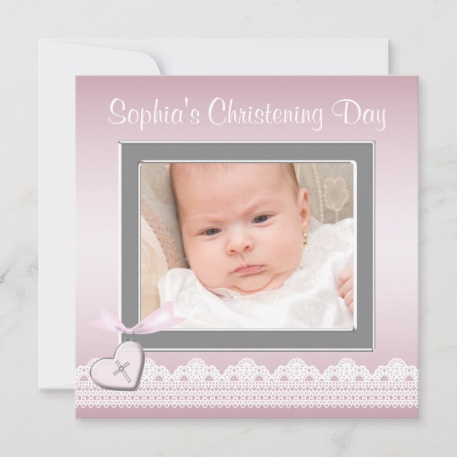 Pink Lace Baby Girl Photo  Christening Invitation (Front)