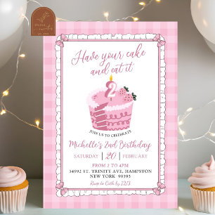 Pink Lace Bow Eat Your Cake And Eat It Birthday Invitation