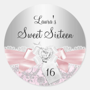 Pink Lace Bow & Floral Sweet 16 Sticker