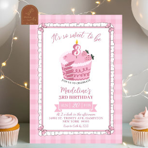 Pink Lace Bow Girl 3rd Birthday Invitation