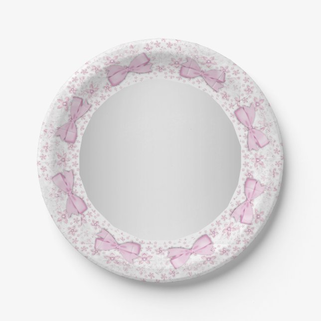 Pink Lace Bow Pink Grey Baby Shower Paper Plate (Front)