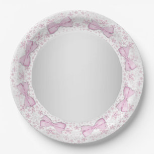 Pink Lace Bow Pink Grey Baby Shower Paper Plate