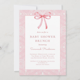 Pink Lace Bow Ribbon Baby Shower Brunch Invitation