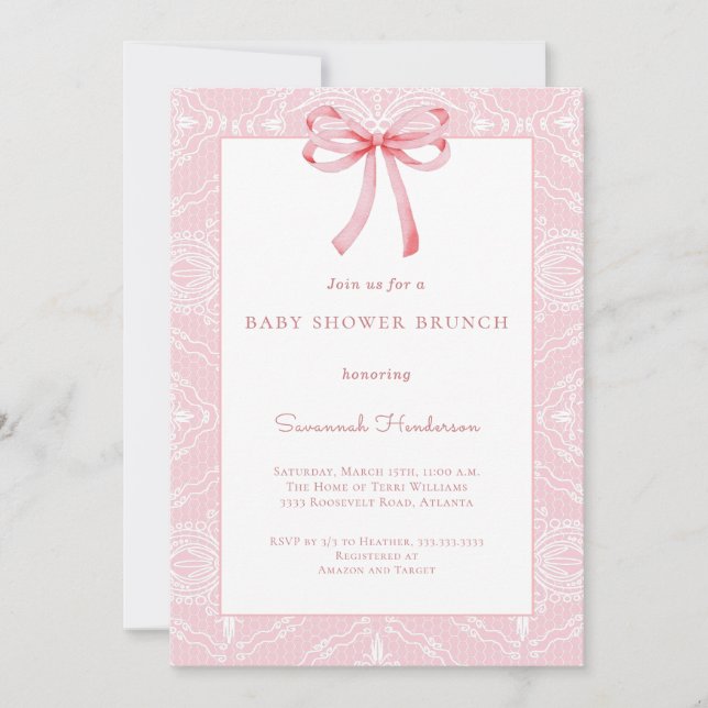 Pink Lace Bow Ribbon Baby Shower Brunch  Invitation (Front)