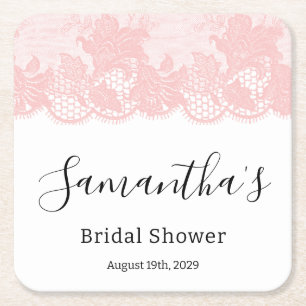 Pink Lace Bridal Shower   Square Paper Coaster