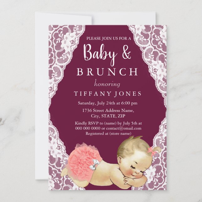 Pink Lace Burgundy Vintage Baby Shower Brunch Invitation (Front)